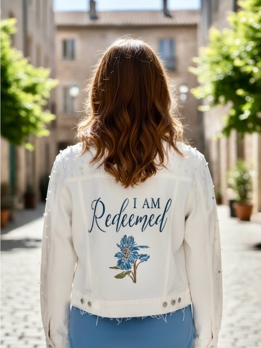 Custom Upcycled Denim Jacket with Embellishment & Hand Painted “I Am Redeemed'